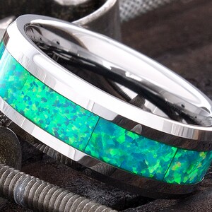 Tungsten Opal Ring - Opal Wedding Band - Mens Wedding Ring - Tungsten Wedding Band - Birthstone Wedding Ring - Engraved Ring