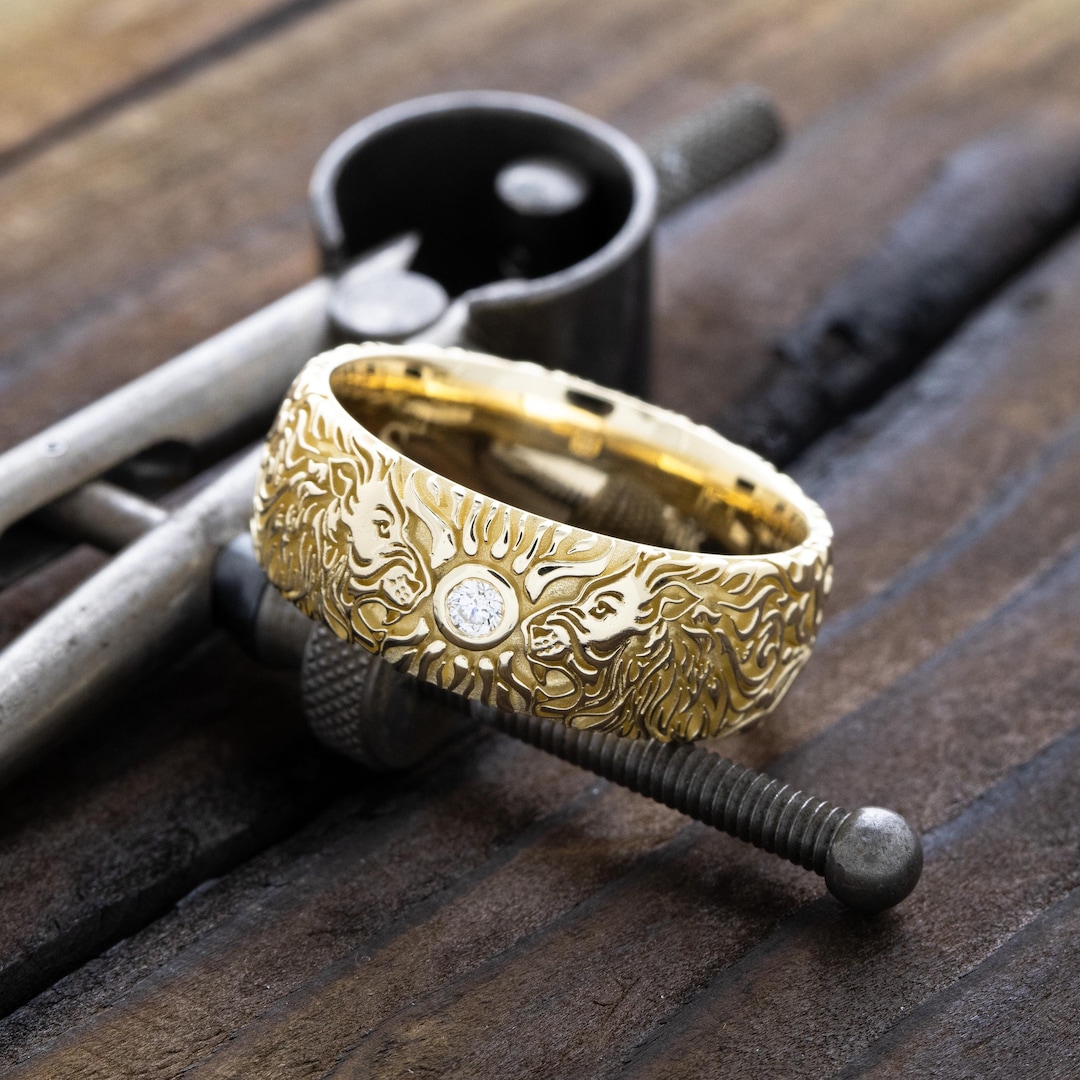 Gold Lion Head Ring, Diamond Ring, Medieval Ring, Solid 14k Yellow Gold,  Medieval European Wedding Ring, Men's Wedding Band, Gemstone Ring
