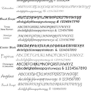 Peut inclure: Un tableau pr&eacute;sentant diff&eacute;rents styles de polices, notamment Arial, Commercial Script, Edwardian Script, Brush Script, Times New Roman, Monotype Corsiva, Cloister Block, Papirus, Champagne & Limousines, Angelina, French Script, Aod Cari Celtic et Symbols. Le tableau montre les lettres majuscules et minuscules de l'alphabet, les chiffres et les symboles pour chaque style de police.