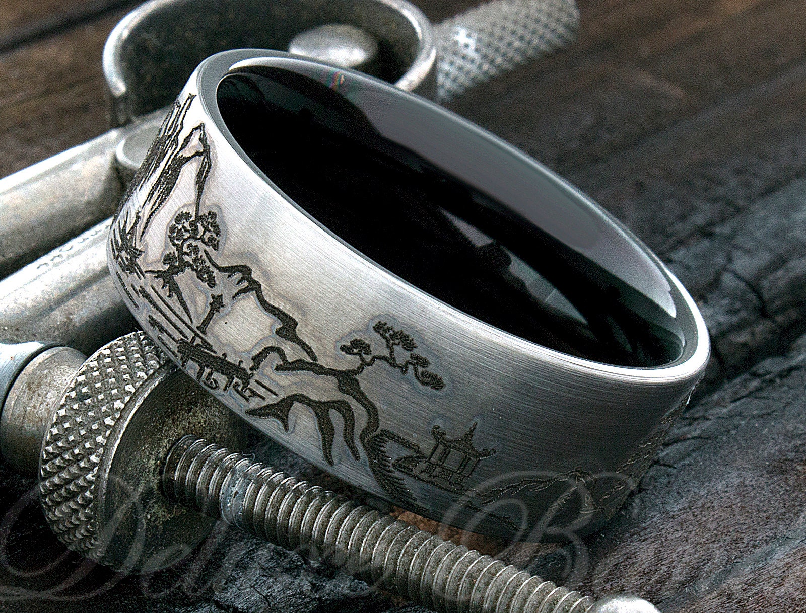 Tungsten Ring Japanese Lanscape Ring Men's Tungsten Etsy