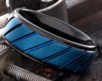 Blue Tungsten Ring - Mens Tungsten Band - Black Tungsten Ring - Anniversary Ring - 8mm Grooved Tungsten Ring - Tungsten Ring For Men