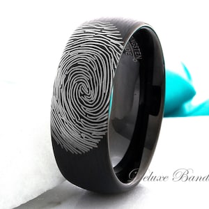 Fingerprint Ring Tungsten Wedding Band Mens Womens Promise Ring Custom Made Fingerprint Ring Anniversay Ring Black Dome 8mm Personalized