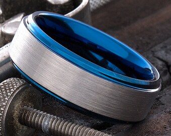 Mens Tungsten Rings - Blue Wedding Band - Womens Tungsten Ring - Tungsten Carbide - 8mm Tungsten Band - Wedding Band For Men - Comfort Fit