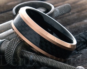 Tungsten Ring - Unisex Wedding Band - Rose Gold Tungsten - Black Carbon Fiber Ring - Tungsten Band - Wedding Ring - Mens Tungsten Ring