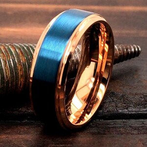 Mens Tungsten Ring, Womens Tungsten Ring, Wedding Band for Men, 8mm Wedding Band, Rose Gold Ring, Rose Gold Band, Blue Wedding Band