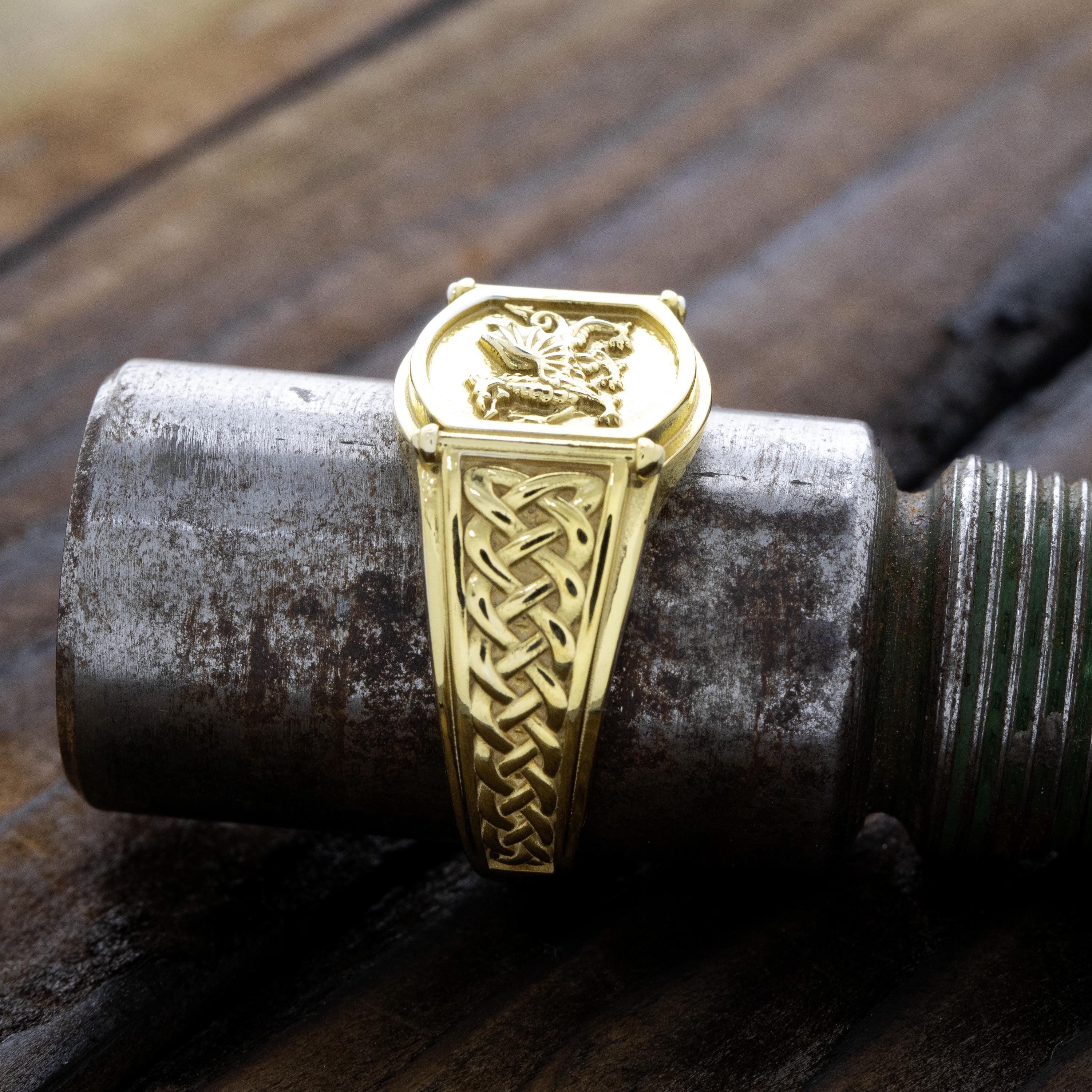 Welsh Celtic Dragon Gold Signet Ring, Celtic Braid Ring, Heraldic ...