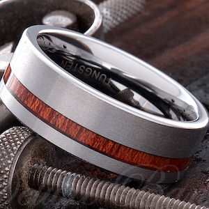 Tungsten Wood Ring - Hawaiian Koa Wood Ring - Mens Wedding Ring - Mens Wedding Band - Mens Wooden ring - Wood Inlay Ring - Promise Ring