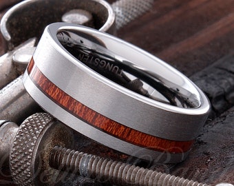 Tungsten Wood Ring - Hawaiian Koa Wood Ring - Mens Wedding Ring - Mens Wedding Band - Mens Wooden ring - Wood Inlay Ring - Promise Ring