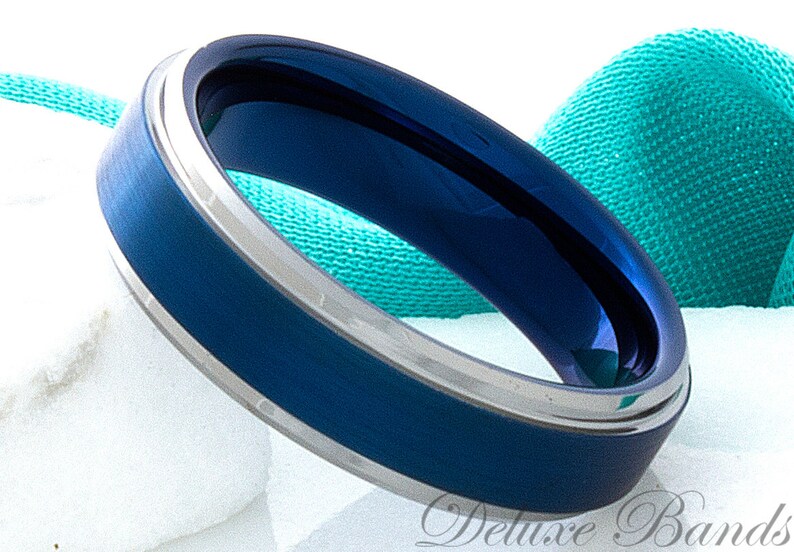 Tungsten Wedding Ring Set Blue Two Tone 6mm 8mm Anniversary Bands Men Women His Her Personalized Handmade Custom Free Laser Engraving