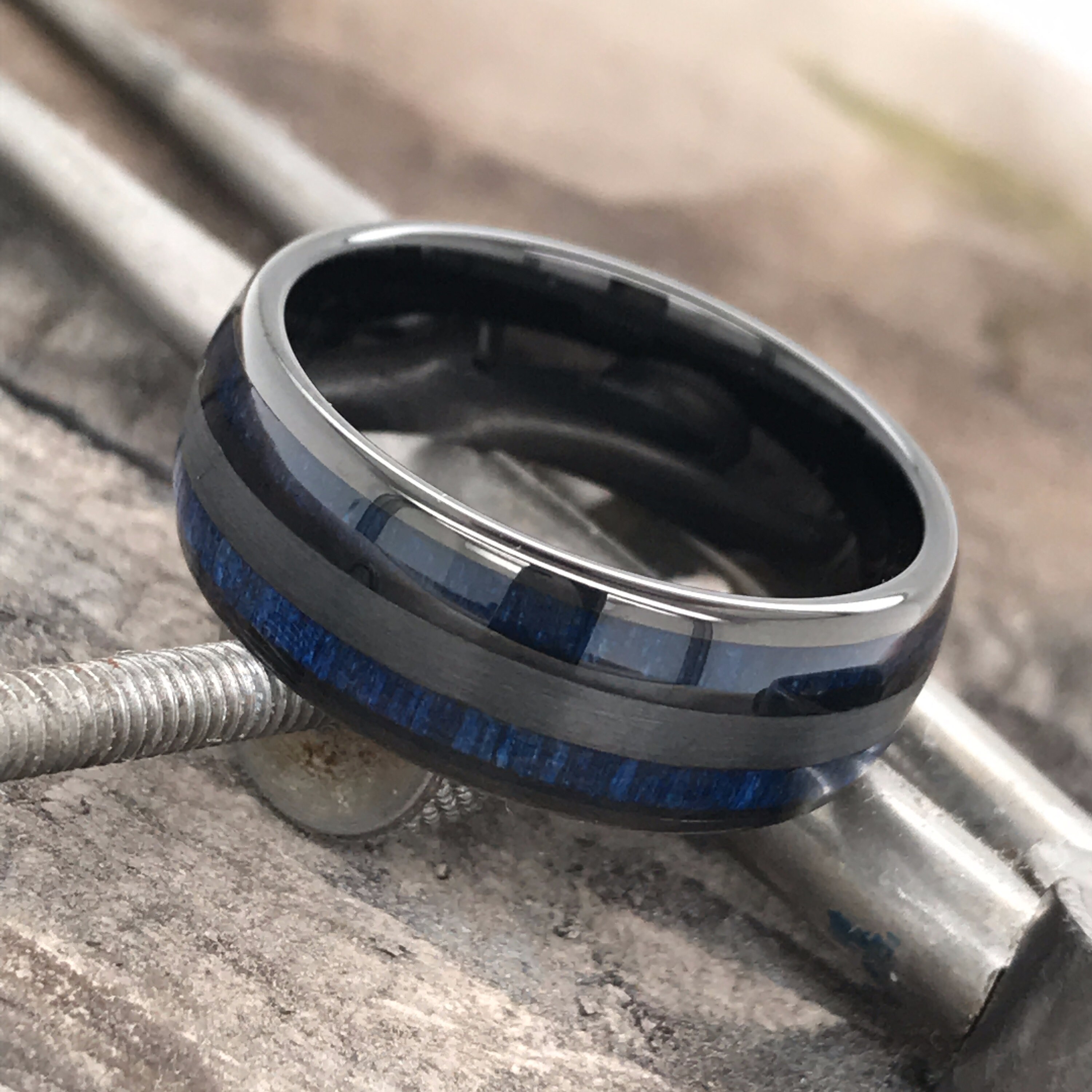 Black Blue Ring Blue Inlay Tungsten Ring 8mm Tungsten Rings Etsy