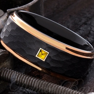Tungsten Wedding Ring - Mens Tungsten Wedding Band - Square Citrine Tungsten Ring - Birthstone Tungsten Ring - Rose Gold Black Tungsten Ring