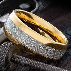 Yellow Gold Tungsten Ring - Meteorite Ring - Tungsten Wedding Band - Mens Wedding Band - 8mm Meteorite Ring - Mens Engraved Ring