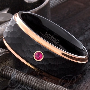 Ruby Tungsten Ring - Black Hammered Ring - Black Tungsten Ring - Mens Wedding Ring - Anniversary Ring - Mens Ring - Engagement Ring