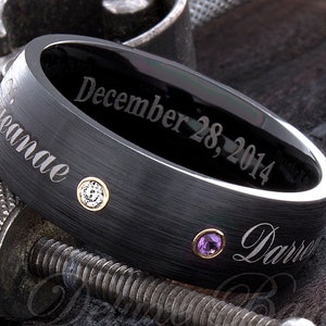 Engraved Wedding Band - Custom Name Ring - Gemstones Wedding Ring - Black Tungsten Band - Mens Wedding Band - Women&#39;s Wedding Band
