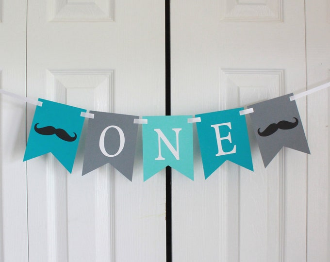 turquoise Star ONE high chair banner Blue grey teal Boy Banner Boy Birthday Prince Birthday Little man mustache