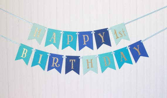 Gold Glitter Blue Ombre Happy 1st Birthday Banner Boy Etsy