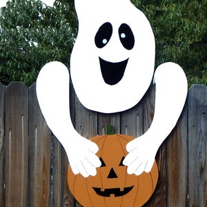 Jumbo Ghost w/ Pumpkin Jack o&#39; Lantern Halloween Fence Peeker Decorative Sign 38&quot; x 23&quot;