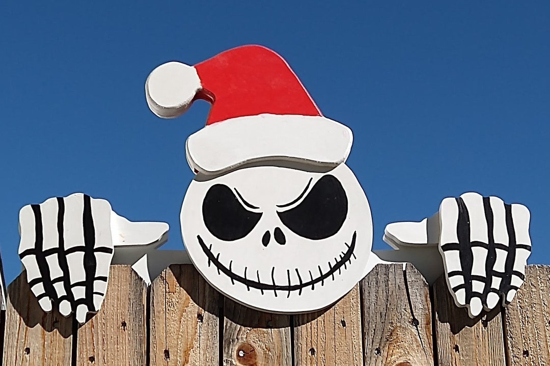 Jack Skellington Skeleton and Santa Hat Christmas Fence Peeker