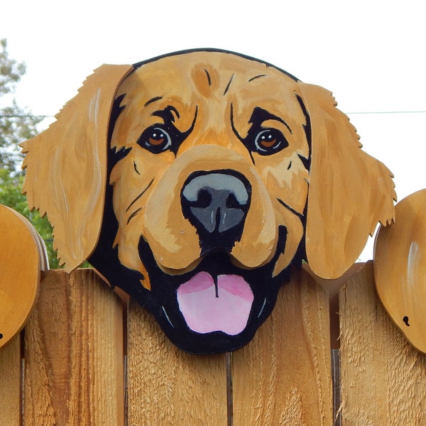 Golden Retriever Dog Fence Peeker Peeper o pared colgante patio arte jardín cartel decorativo