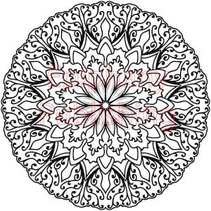 Puede incluir: Un diseño de mandala intrincado en blanco y negro con un patrón floral. El diseño es simétrico y tiene una forma circular.