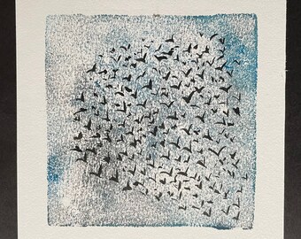 Flying birds -  murmuration -  original monotype print. Hand printed and inked