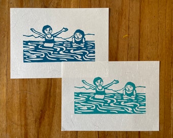 Wild swimming in Scottisj loch - .lino cut print  Original signed artwork