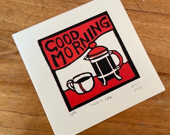 Rode koffiepot linoprint. Origineel gesigneerd kunstwerk