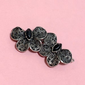 Vintage 70s Double Butterfly Pewter Black-Beveled Stone Prong Set Hair Barrette, Vintage Hair Clips, Butterfly, Butterflies