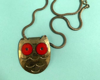 Vintage 60s Brass / Enamel Stylized Owl Snake Chain Necklace, Vintage Jewelry, Brass Jewelry, Mid-Century Jewelry