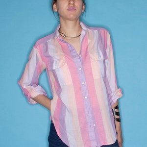 Vintage 80s Pink, Lilac, Lavender Pastel Striped Button Down Shirt image 1