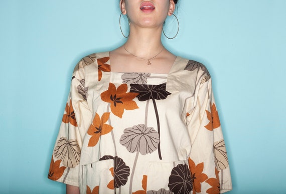 Vintage 70s Tan Floral Print Tie-Back Smock, Vinta