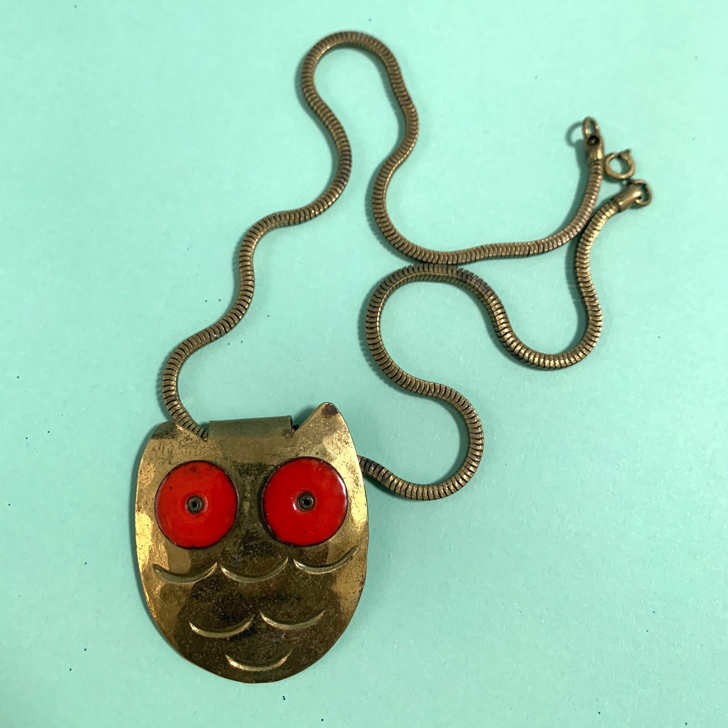 Vintage 60s Brass Owl Necklace: Enamel Pendant, Snake Chain