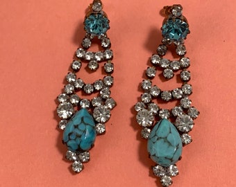 Vintage 60s Czech Rhinestone and Faux-Turquoise Dangle Earrings, Vintage Earrings, Rhinestone Earrings, 60s