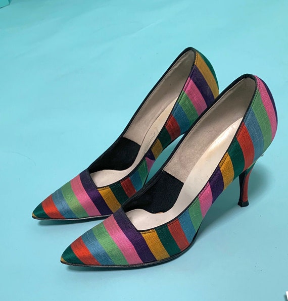 Vintage 50s Rainbow Striped Raw Silk Stiletto Pump