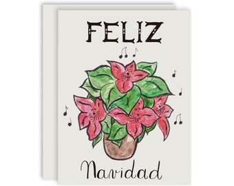 Singing Poinsettias Christmas Card, Feliz Navidad Card, Merry Christmas Card, Watercolor Poinsettia Card, Greeting Card Set, Pack of cards