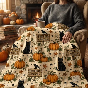 May include: A cream-colored throw blanket featuring a repeating pattern of orange pumpkins, black cats, black crows, green leaves, and small black stars. The design includes wooden-style signs with the text PUMPKIN PATCH printed on them.