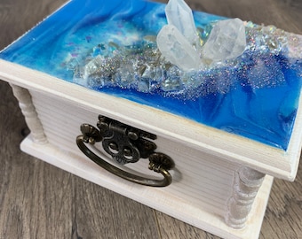 Blue crystal geode topped box, resin geode, resin geode box