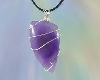 Amethyst Pendant, Wire Wrap, Necklace, 1 7/8", Protection, Angels, Aquarius