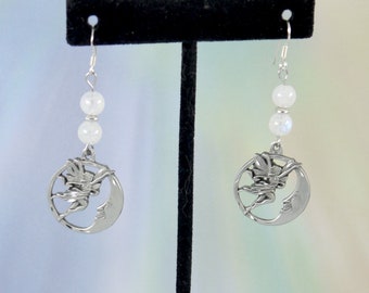 Dangle, Rainbow Moonstone Fairy and Moon Earrings, 1 3/4", Sterling Ear Hooks