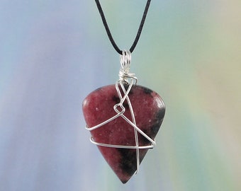 Rhodonite Pendant, Wire Wrap, Necklace, 1 3/4", Love, Grief, Healing