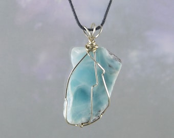 Soft Blues, Larimar Pendant, Wire Wrap, Necklace, 2", with 21" Cord, Atlantis, Calm, Balance