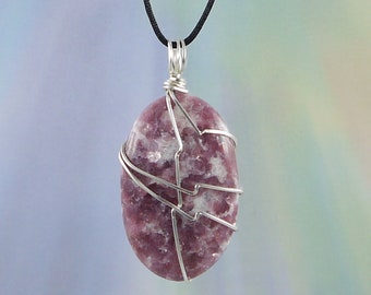 Natural Lepidolite Pendant, Wire Wrap, Necklace, 1 7/8", Lithium, Anxiety, Stress, Depression