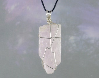 Large Natural Pink Kunzite Pendant, Wire Wrap, Necklace, 2 1/4", Anxiety, Panic, Stress, Depression, Heart Chakra