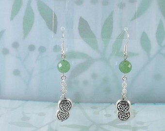 Faceted Aventurine Celtic Knot Earrings, 1 3/4", Sterling Silver French Wires, Boho, Irish Earrings