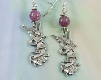 Dangle, Angel Earrings with Lepidolite, 1 7/8", Sterling Ear Hooks