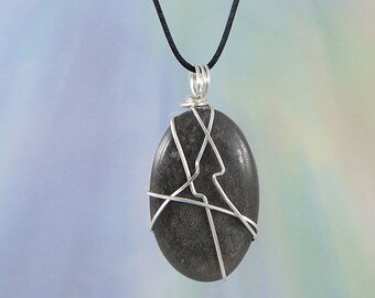 Silver Sheen Obsidian Pendant, 1 3/4", Wire Wrap, Necklace,Cord, 22",  Manifest, Scry, Psychic, Protection