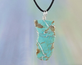 Kingsman Turquoise Pendant, Wire Wrap, 2 1/4", Necklace, 22" Satin Cord, Protection, Balance