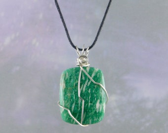 Natural Amazonite Pendant, Wire Wrapped, Necklace, 1 5/8", Soothing, Calm, Trauma, Fear