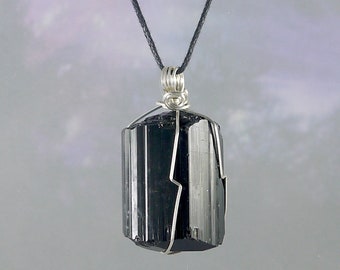 Premium Grade, Black Tourmaline Pendant, Wire Wrap, Necklace, 1 7/8", Protection, Negative Energy