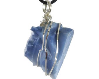 Blue Opal Pendant, Wire Wrapped, 1 3/8", Necklace, 22" Satin Cord, Self-Esteem, Fatigue